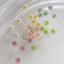 K-Bom Nail Parts, Small and Cute Jewelry Parts, Pearl Flowers, Flower Nails, Mini for Resin, 3D Nail with Base Included, 30 Pieces, Green