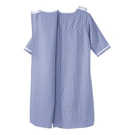 Women's Open Back Adaptive Nightgown with Quarter-Zip Front - No Peek Hospital Gown for Seniors - Blue Polka Dot LGE