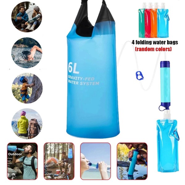 Gravity-Fed Water Bag 6L Survival Water Filter Straw w/4xWater Pouches,Emerge