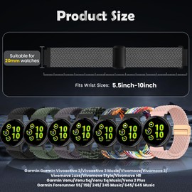 Braided-Bands Compatible with Garmin Vivoactive 6/Vivoactive 5/Vivoactive 3/Vivomove/Venu Sq/Venu 2 Plus/Forerunner 55/158/165/245/645 - 20mm Sport Stretchy Adjustable Replacement Strap for Galaxy Watch 7 6 5 4