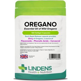Lindens Oregano Oil 25mg - 100 Capsules - UK Made - Natural Source of Phenolic Acids and Flavonoids - Origanum Vulgare - Easy Swallow & Rapid Release - 3+ Months Supply - GMP & Letterbox Friendly