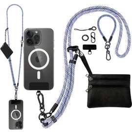 Newlibery Phone Lanyard Crossbody Wrist Strap, Clip and Go Strap for Phone with Wallet, Adjustable Anti-Theft Cell Phone Strap for All Phones (Blue-Gray Lanyard + Black Wallet)