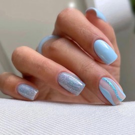 Short Press on Nails Square Blue Fake Nails with Glitters Line Designs French Acrylic Nails Cute Nails Short Square Glue on Nails Full Cover Stick on Nails for Women Girls Artificial Manicure 24Pcs