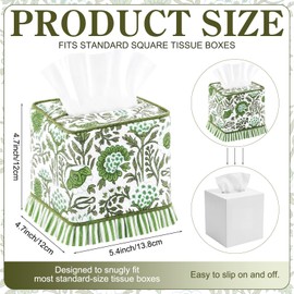Lounsweer 1 Pack Emerald Green Pattern Tissue Box Cover Hand Block Printed Cotton Box Cover 5" x 5" x 5.5" Square Boho Soft Napkin Holder for Home Office Cafe Car(Floral Ruffle)