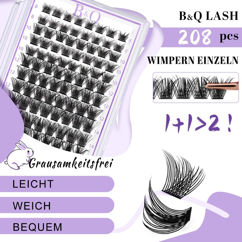 B&Qaugen Individual Eyelashes, 208 Pieces, 16MIX, B&Q DIY Lash Clusters,