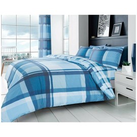 GC GAVENO CAVAILIA Reversible Single Check Duvet Set | Modern Reversible Striped Bedding | Polycotton Geometric Tartan Quilt Bed Set With Matching Pillow Case | Blue