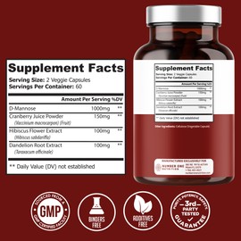 Number One Nutrition Premium D Mannose Supplement for Women and Men [Max Strength, 1350MG] Natural D-Mannose with Cranberry, Hibiscus and Dandelion for Urinary Tract Health, 240 Count