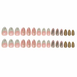 MERVF Almond Press on Nails Medium Fake Nails Light Green French Tip Stiletto Glue on Nails with 3D Gold Design Star Press ons Luxury Goth Acrylic Nails 30pcs Glossy