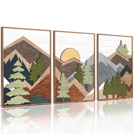 TOARTi Framed Wood Panel Mountain Forest Landscape Wall Decor (16"x24"), Vintage Nature Wilderness Woodland Wall Art, Mid Century Modern Sunrise Wooden Cut Decor for Farmhouse Bedroom Living Room