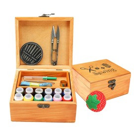 Sewing Kit, Wooden Sewing Kit Box for Adults, Wooden Sewing Basket with Accessories, Home Sewing Basket Stitching Repair Kit for Beginner, Women, Men (Brown)