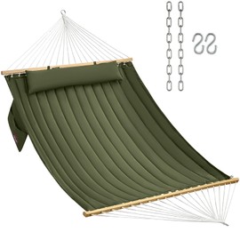 CHULIM Double Quilted Fabric Hammock with Hardwood Spreader Bars and Pillow 450 LBS Capacity 2 Person Large Hammock for Outdoor Patio Backyard Poolside - Green