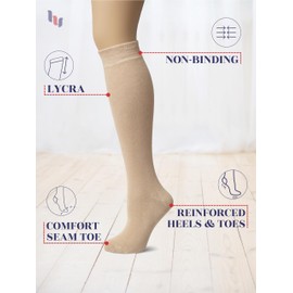 HUGH UGOLI Women Cotton Knee High Socks, Long Dress School Uniform Socks for Girls, Soft & Lightweight Boot Socks, Shoe Size: 8-11, Light Beige/Black, 4 Pairs