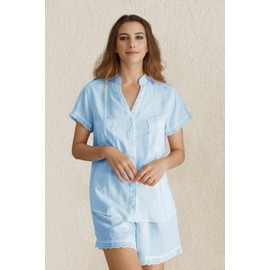Xfileen Women's Short Sleeve Button Down Lace Trim Top and Shorts Cotton Pajama Sets Summer 2 Piece Shorts Soft Sleepwear