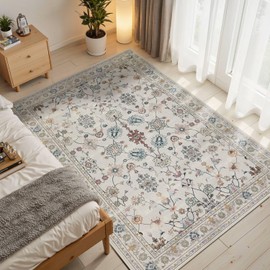 Rugxara Floral Rug for Living Room Bedroom, 3x5 Washable Area Rug, Vintage Boho Throw Rugs, Non Slip Low Pile Carpet for Indoor Dining Room, Girls Room, Nursery Room and Kids Room(Grey 3x5ft)