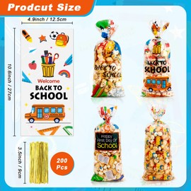 200 PCS Back to School Treat Bags, Back to School Gift Bags, Happy First Day of School Cellophane Bag, Plastic School Candy Goodie Cookie Bag with Twist Ties for Back to School Party Favor Supplies