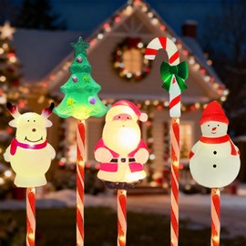 5 Pack Christmas Pathway Lights-Solar Powered Outdoor Garden Snowman Santa Claus Elk Christmas Tree Candy Cane Path Lights Landscape Lighting Waterproof Decorative Lights