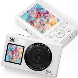 Digital Camera 5K 80MP Camera with WiFi, 2.4 Inch LCD & 1.5 Inch Selfie Display, 18X Zoom, 32GB TF Card, Vlogging Compact Camera Portable Camera for Teenagers, Beginners & Adults, White
