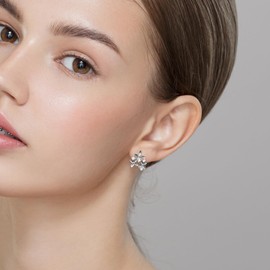 Sterling Silver Floral Stud Earrings for Women, Cubic Zirconia, Three Flower Design, Hypoallergenic