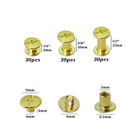 YMAISS 90 Sets Chicago Screws 3 Size 1/4,3/8,1/2in Brass Plated Screw Posts Bookbinding Posts Binding Screw Chicago Button Post Rivets Screw Belt Screws Leather Phillip Head,Gold Color box