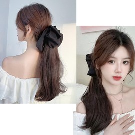 Natunofu Wig, Ponytail, Ribbon, Bow, Clip-on Ponytail Wig, Women's, Half Wig, Extension, Long Curly Hair, Curly Hair, Extensions, Loose and Fluffy, Natural Extension, Daily Fashion, Beauty Women