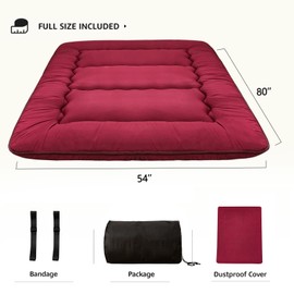 MAXYOYO Japanese Floor Mattress Futon Mattress, Thicken Sleeping Pad Foldable Roll Up Floor Futon for Adults Tatami Mat Dormitory Bed Lounger, Burgundy, Full Size