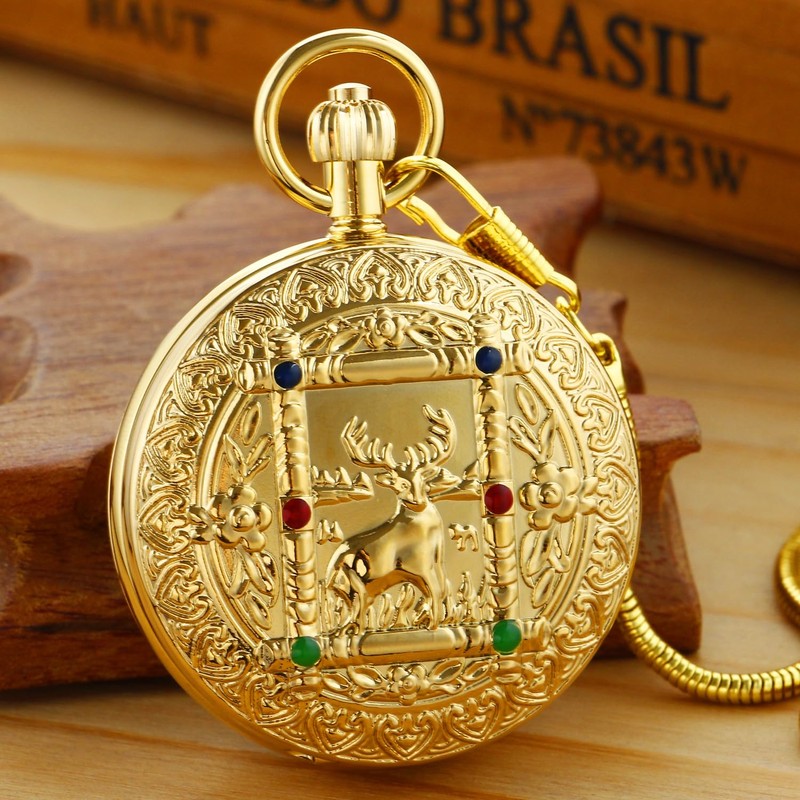 Tiong Gold Double Deer Design Mechanical Pocket Watch for Men,