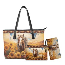 YECARYPOD Tribal Horse PU Leather Handbags Set for Women,Sunflower Wallet Purse Set Crossbody Tote Bag Travel Large Casual Satchel Handbags with Wallet Combo