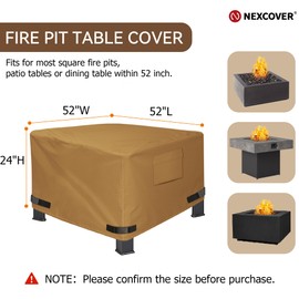 NEXCOVER Square Fire Pit Cover - Waterproof 600D Heavy Duty Fabric with PVC Coating, Fits Square Outdoor Fire Pit or Table 52"Lx 52"Wx 24"H, Premium Patio Outdoor Cover, Brown.
