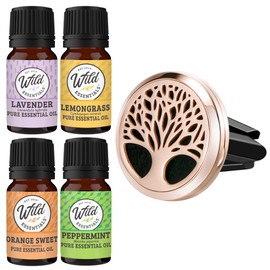 Wild Essentials Rose Gold Tree of Life Essential Oil Car Vent Diffuser Kit with Lavender, Lemongrass, Peppermint, Orange Oils, Stainless Steel Locket, 8 Refill Pads, Customizable Color Changing