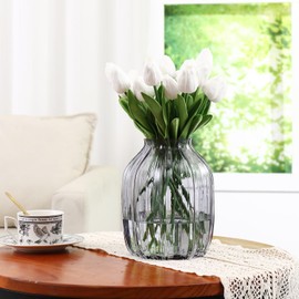 MCMCNCUIU Grey Glass Vase, Large Vases for Flowers, Glass Vases for Bouquet, Aesthetic Vase for Living Room, Bedroom, Kitchen, Dining Table, Office, Wedding, 8 Inches