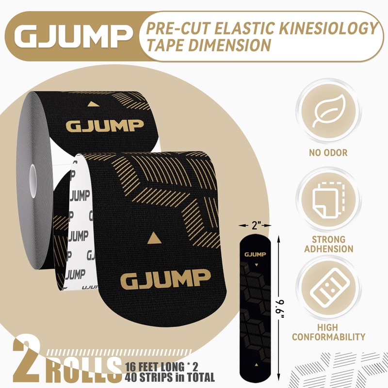 GJUMP Kinesiology Tape, 40 Count Precut Strips 2 Rolls, Original