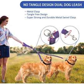 Corooci 2 Dog Leash, No Tangle 360° Double Dog Leash Swivel Rotation Heavy Duty Dog Lead for 2 Dogs, Ajustable Bungee Reflective Dual Dog Leash (Purple)