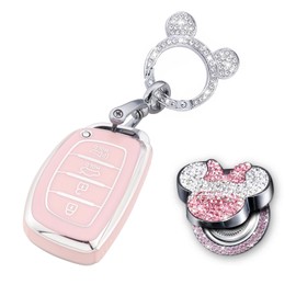 XUPEIXUN 3 Pcs Pink Car Accessories for Hyundai lantra Ioniq Sonata Tucson Elantra GT Key Fob Cover with Bling Keychain Cute Push to Start Stop Button Cover