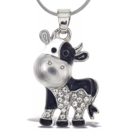 Aqua79 Silver Cow Sparkling Crystal Pendant Necklace Jewelry - 18 Inches