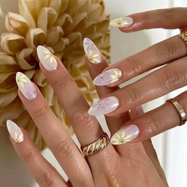 RUOKEXIN Almond Press on Nails Short Fake Nails Spring False Nails with Flower Designs Glue on Nails Short Almond Nail Press ons Sparkly Artificial Nails Cute Stick on Nails for Women 24Pcs