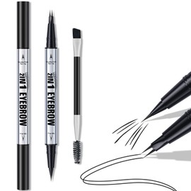 Curved Eyebrow Pen, 2 in 1 Dual Ended Microblading Eyebrow Pencil with Micro-Fork-Tip and Precise Brush-TipLast All Day (Black)