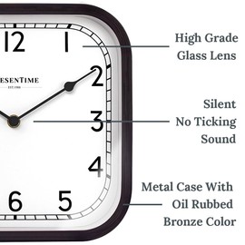 Presentime & Co 10" Anton Vintage Square Clock, Silent No Ticking, Wall & Mantel 2 in 1, Desk and Shelf Clock, Tabletop Décor, Oil Rubbed Bronze Color.