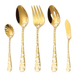 Stapava Serving Utensils Gold, 5 Pieces Stainless Steel Silverware Serving Set with Serving Spoon, Slotted Serving Spoon, Serving Fork, Sugar Spoon, Butter Knife for Restaurant Banquet Buffet