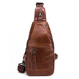 Leathario Chest Bag Shoulder Bag Men Genuine Leather Shoulder Bag Sports Bag Casual Backpack Leather, Brown 236 New