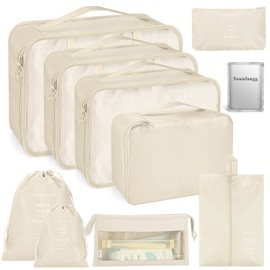 Youufangg Suitcase Organiser Set, 10 Pieces, Packing Cubes, Waterproof Travel Garment Bags, Packing Bags for Suitcase, Space-Saving Suitcase Organiser Set with 1 Pair of Foot Mask, Foot Mask (Beige)