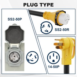 50AMP 25 FT Generator Cord and Power Inlet Box, NEMA SS2-50P Pre-Drilled Generator Power Inlet Box with LED Power Indicator, 14-50P to SS2-50R Extension Cord with Cord Organizer, ETL Listed
