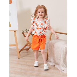 KIDLAGA Kids Toddler Girls Clothes Outfits Floral Print Ruffle Sleeveless Top Belted Shorts Set Summer Clothing Set(7-8T)