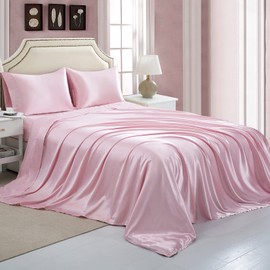 Satin Flat Sheet Only, Queen Flat Sheet, 1 - Piece Pink Top Sheet, Extra Soft Silk Flat Bed Sheets Sold Separately Queen - Pink