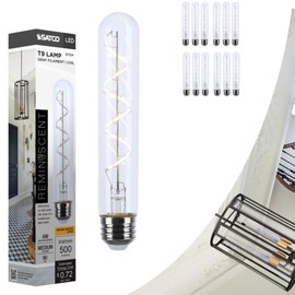 Satco S11524 LED Bulb, 6W (40W Eq), T9 Vintage Style, Flex Gray Coil Filament, 2700K Warm White, E26 Medium Base, Dimmable, Clear Glass, 500 Lumens, 120V, Enclosed Fixture Rated (12 Pack)