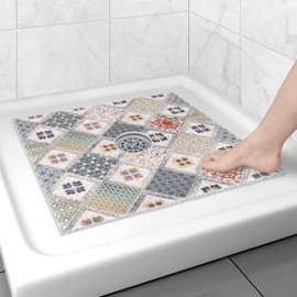 Square Shower Mat Non Slip: 24x24 Inch Shower Floor Mat with Drain Hole in Middle, Super Soft and Comfortable PVC Loofah Massage Bath Mat for Shower, Anti Slip Shower Stall Mat, Quick Drying