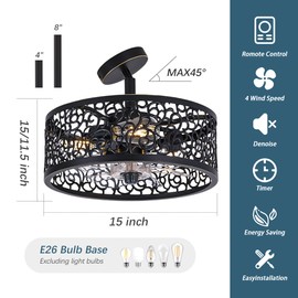 COCOSTAR Small Industrial Ceiling Fan with Light and Remote, 15in Black Caged Fandiliers with Lights for Kitchen, Bedroom（4 Speed, Timing）