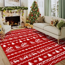 PureCozy Christmas Area Rug 5x7 Red Kitchen Washable Rug Xmas Snowflake Holiday Decor Indoor Throw Rug Decorative Living Room Soft Low Pile Carpet Non Slip Bedroom Dining Room Office Nursery Bathroom