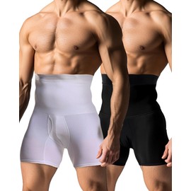 Shyyween 2 Pcs Men Girdle Tummy Control Shorts Compression Underwear High Waist Trainer Shapewear Body Shaper Boxer Briefs(Black, White,XXL)