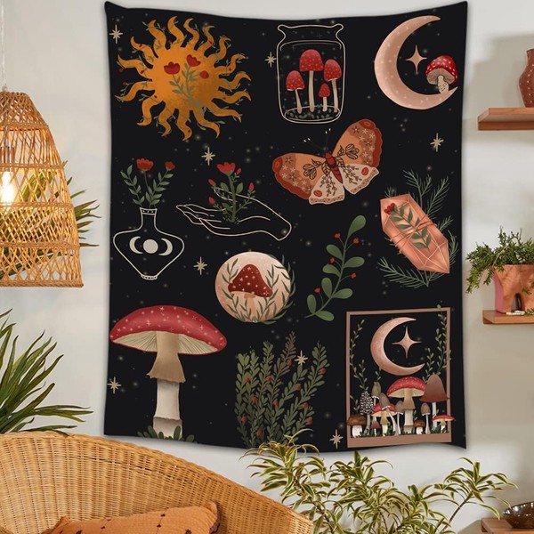 GYW Botanical Mushroom Tapestry Wall Hanging Floral Sun Moon Starry