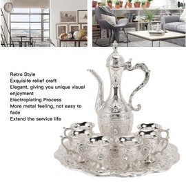 Turkish Tea Set, Vintage Turkish Coffee Pot with 6 Coffee Cup and Tea Tray, Zinc Alloy Metal Wine Pot Kit European Wine Glass Jug for Home Tea Party Wedding Gift (Silver White)